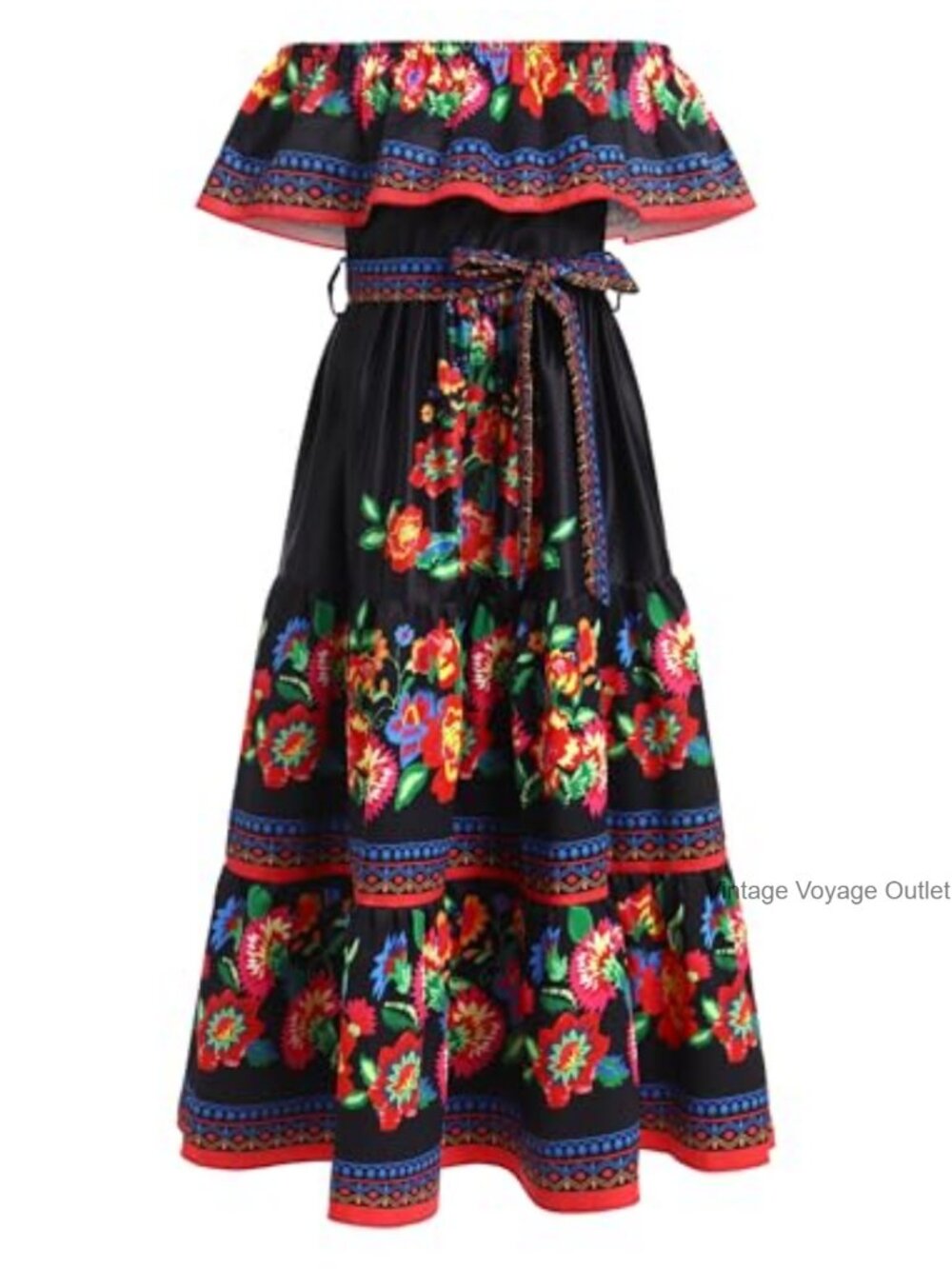 Girls Floral Mexican Maxi Dress Off-Shoulder Ruffle Fiesta Sundress